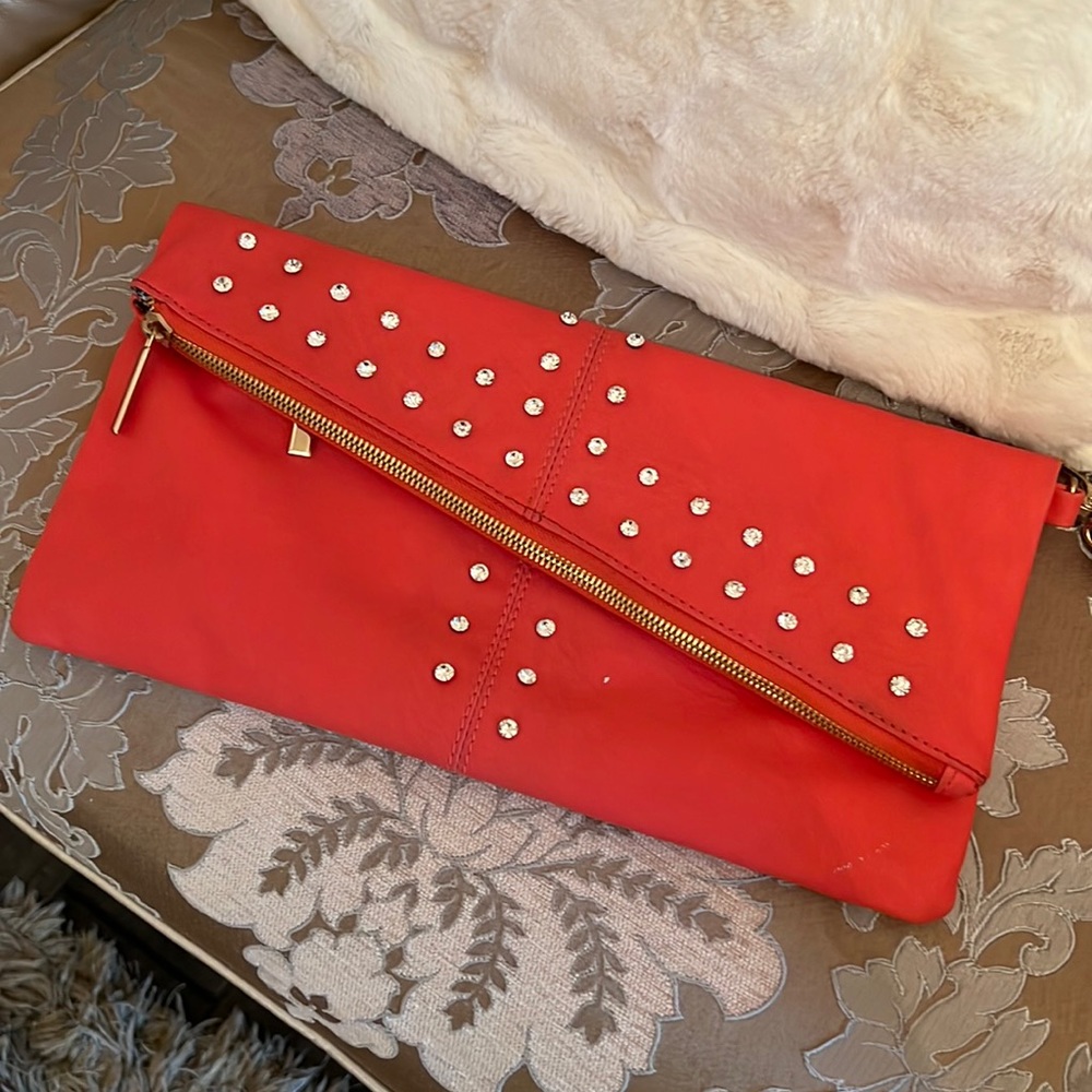 BRIGHT ORANGE CLUTCH WITH DIAMOND GEMS BY CHARMING CHARLIE!